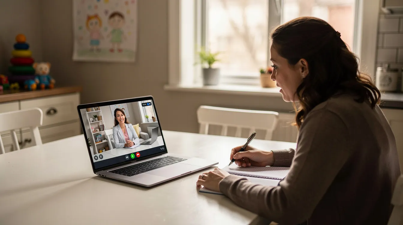 A parent is engaged in an online video session with a pediatric therapist, discussing their child's development and addressing developmental concerns. This interaction highlights the importance of early intervention services and the role of health care providers in supporting families with children who may have developmental delays or disabilities.