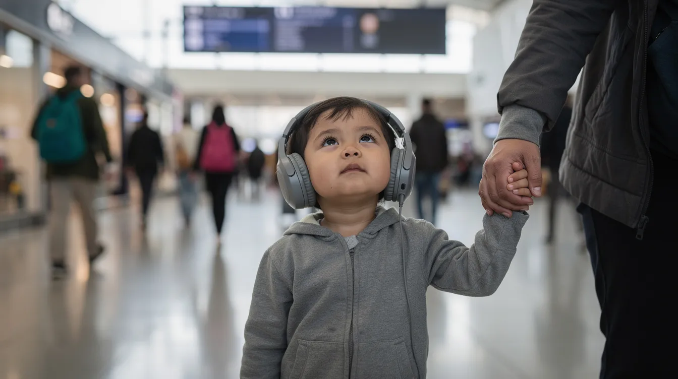 A child wearing headphones stands in a busy public place, holding a caregiver's hand, appearing calm amidst the sensory overload. This scene highlights the importance of emotional regulation and coping skills for children, especially those with neurodevelopmental differences like autism spectrum disorder or attention deficit hyperactivity disorder, who may feel overwhelmed in such environments.