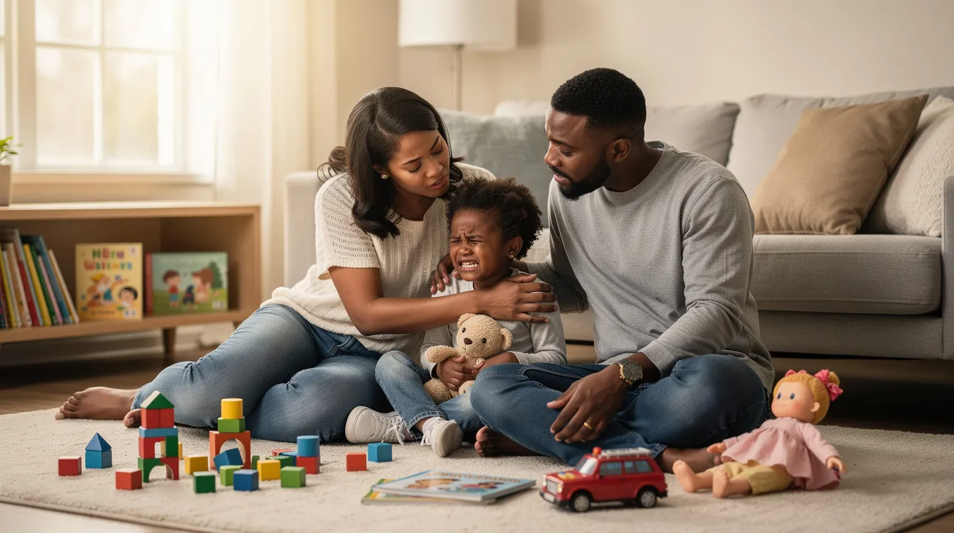 In a serene environment filled with toys, calm black parents are gently consoling their preschool daughter, who is experiencing emotional dysregulation. The scene illustrates the importance of teaching emotional regulation and coping skills to children during intense emotional reactions.