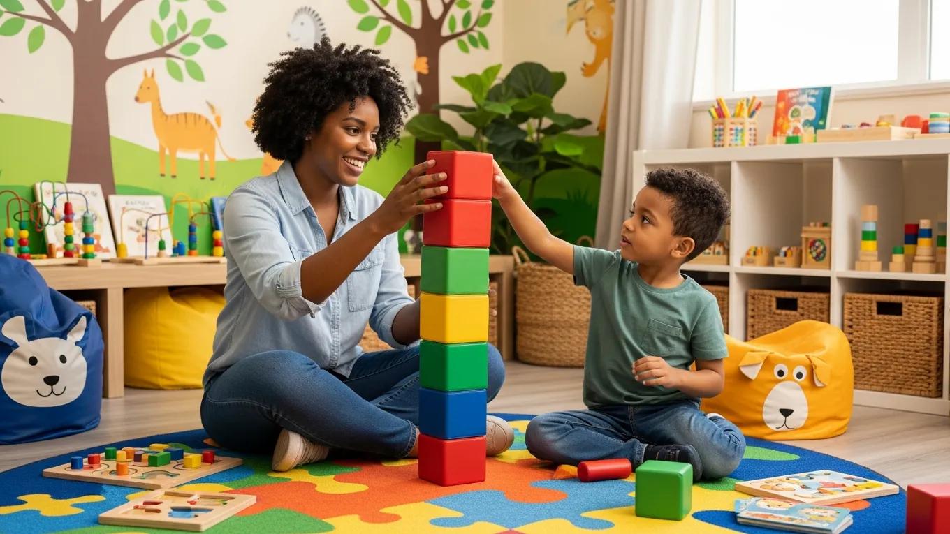 Coach engaging with a child in a playful learning environment, illustrating early intervention support