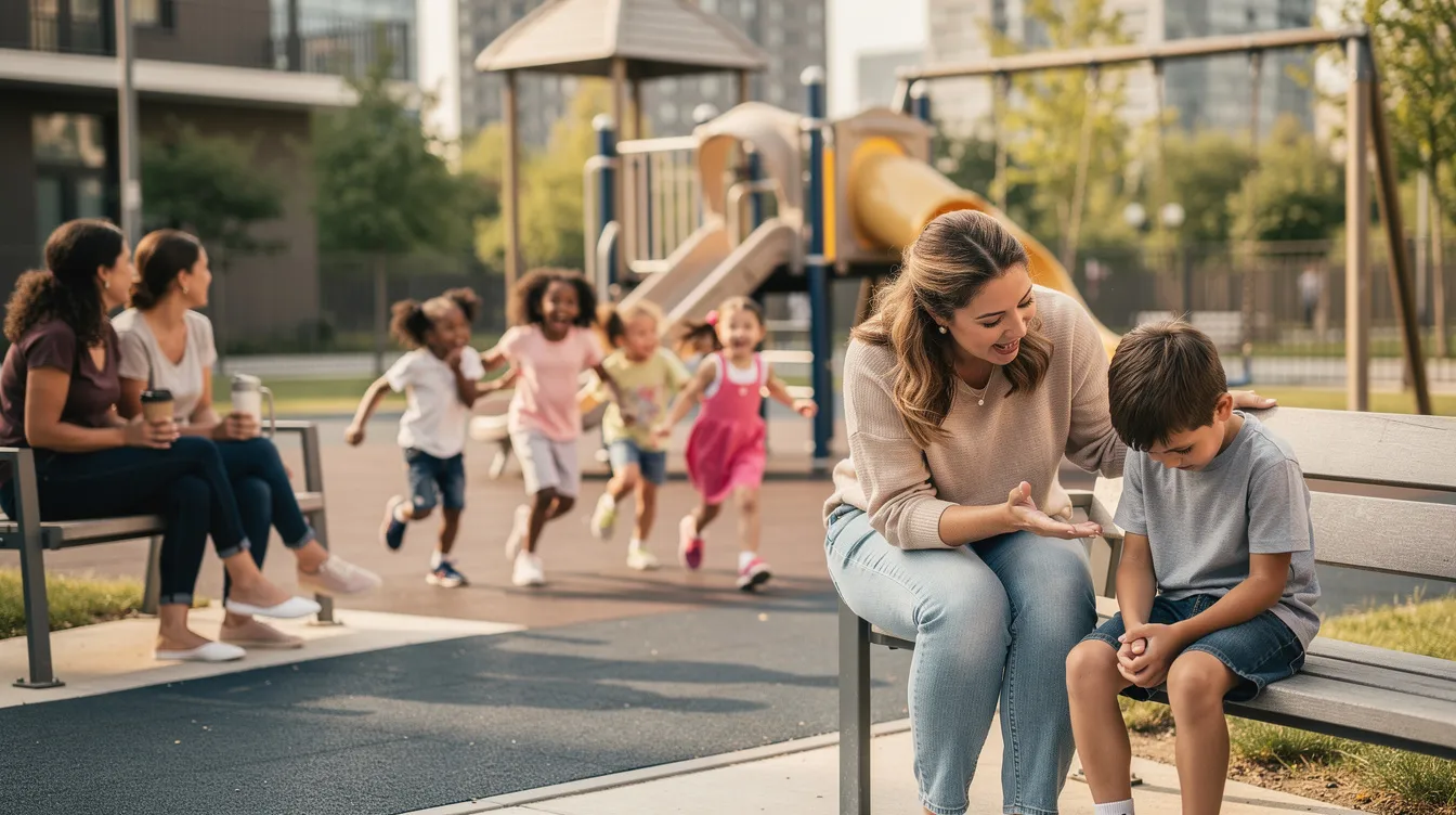 In a vibrant playground, a group of diverse children are happily playing together, while one child sits alone, looking hesitant. Nearby, a mother gently encourages him to join the fun, while other mothers engage in conversation, highlighting the importance of social skills and developmental milestones in early childhood.
