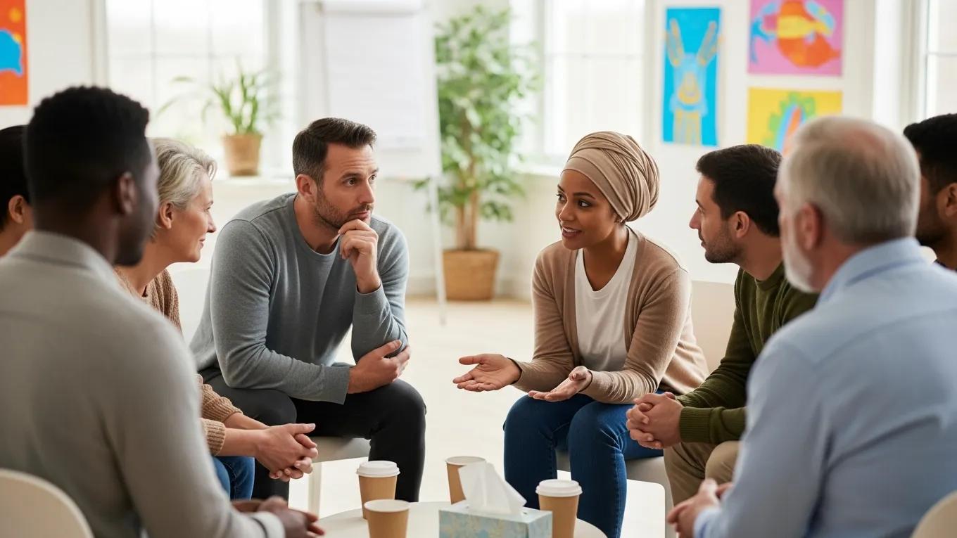 Diverse group of parents in a supportive circle, sharing experiences and fostering community in autism support