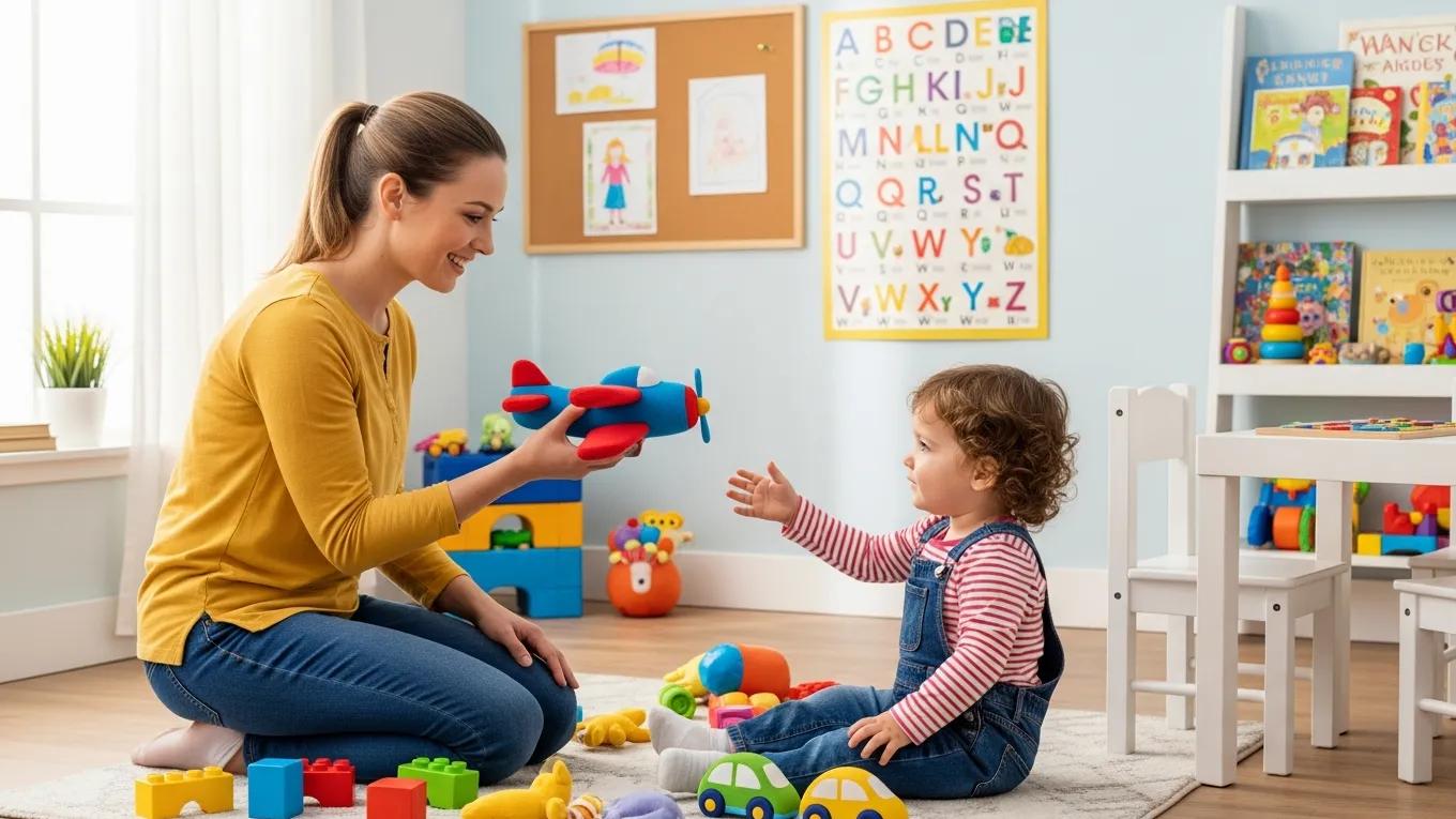 Speech therapist engaging with toddler using toys to improve speech development