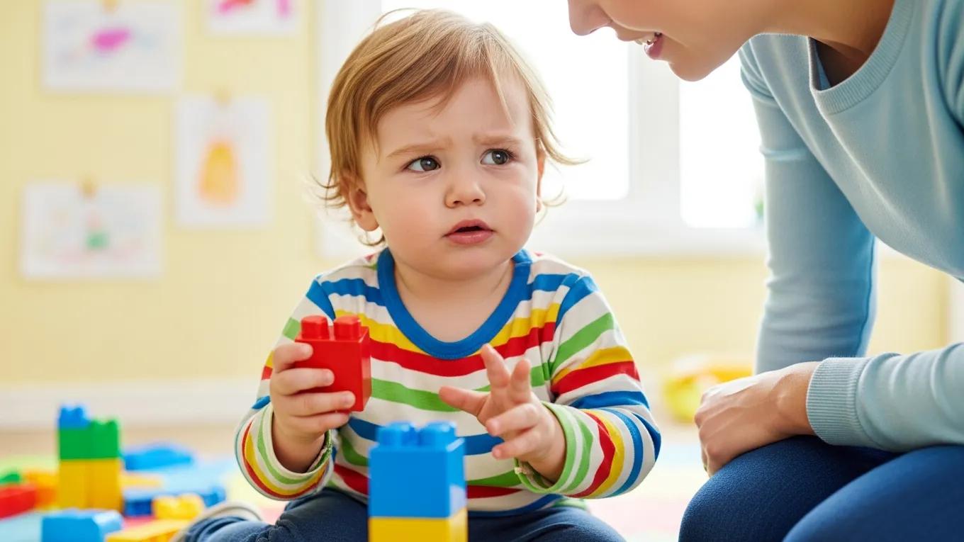 Toddler playing with blocks, illustrating signs of speech delay and caregiver interaction
