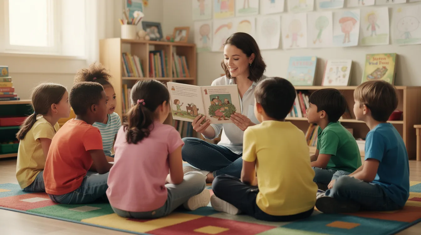 A group of young children sits together on a carpet during story time, attentively listening to their teacher as she reads a book. This scene highlights the importance of early education in developing social skills and academic skills, laying a foundation for school readiness and later school success.