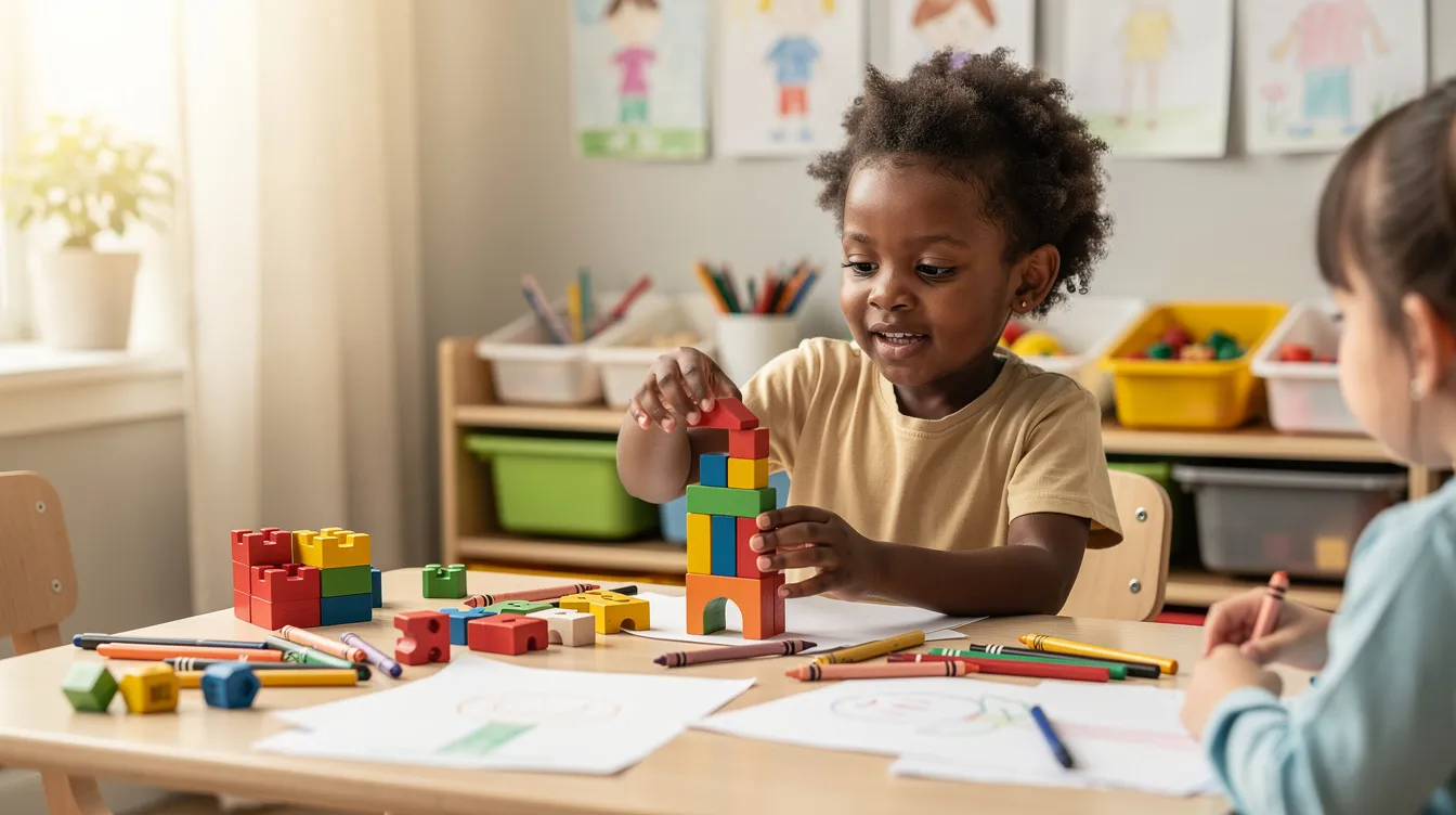 A young Black child is playfully engaged at a table filled with colorful blocks and art supplies, which encourages their thinking skills and creativity. This vibrant school environment fosters social emotional development and prepares children for school readiness, laying a strong foundation for later school success.