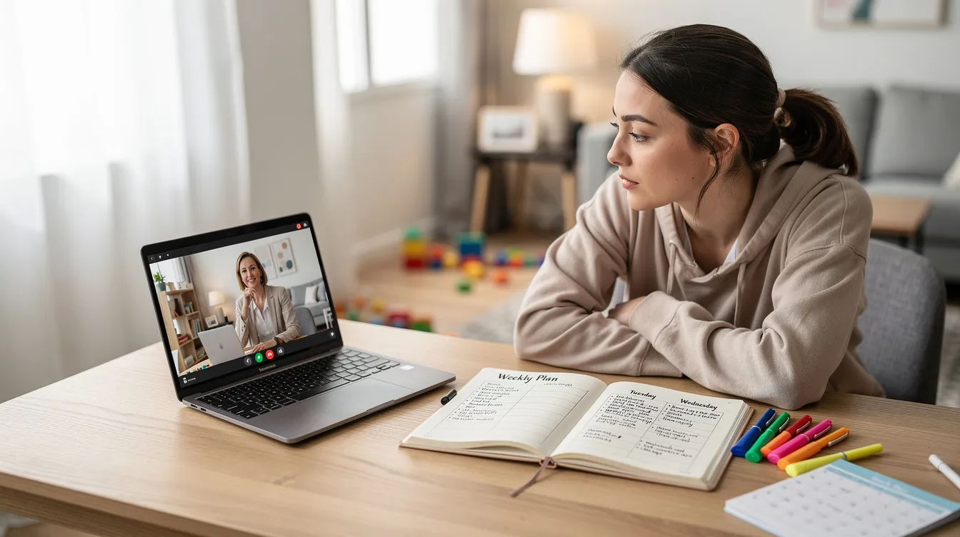 A mother is participating in an online parent coaching session, with her notes and weekly plans visible on the side. This scene highlights the importance of family dynamics and practical strategies that caregivers learn to build confidence and support their child's growth in everyday life.