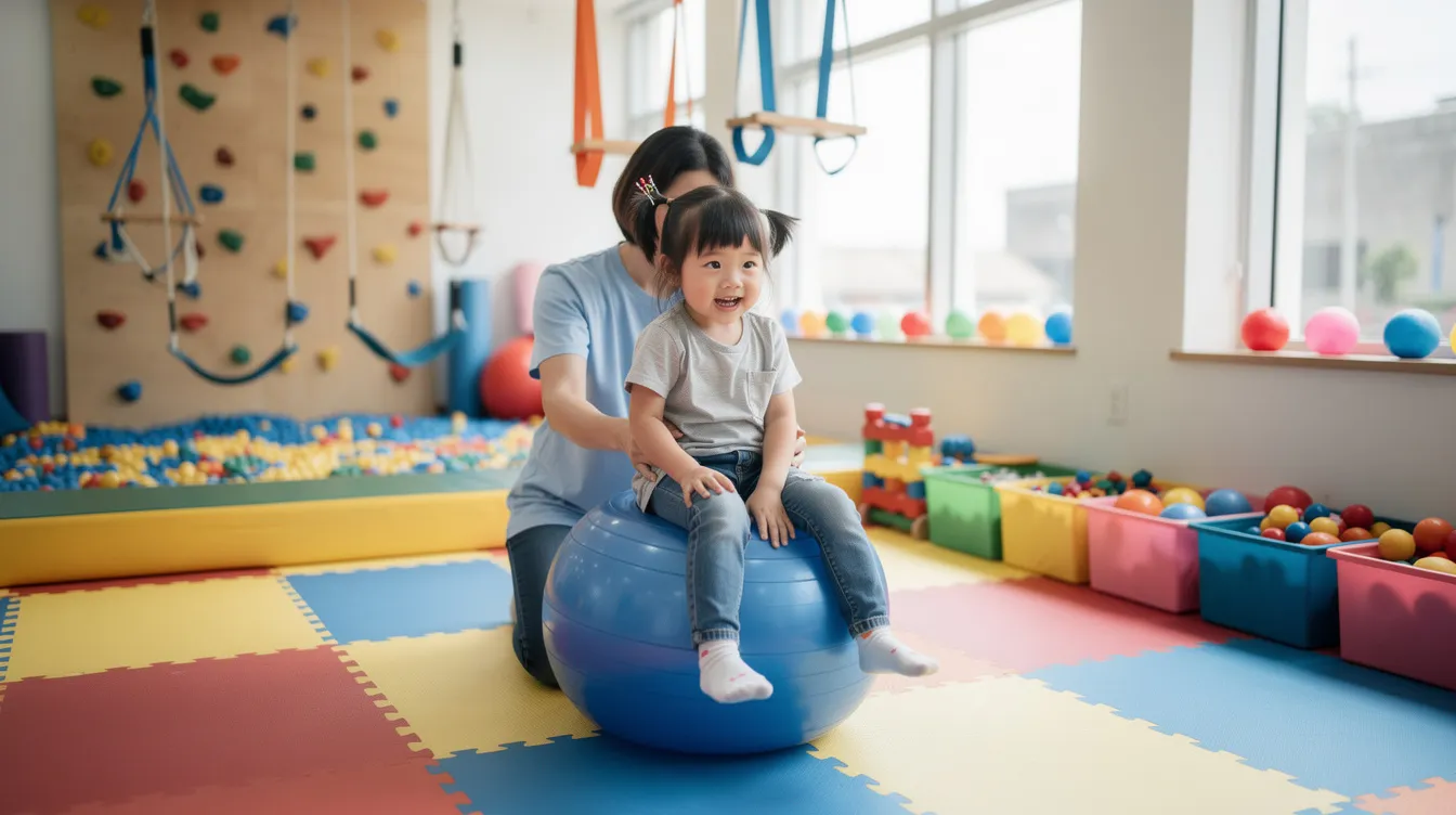 A five-year-old Asian child is engaged in a therapy session within a sensory gym, surrounded by various tactile and interactive equipment designed to support their occupational therapy needs. This environment aims to build confidence and provide practical strategies for everyday life challenges, while licensed therapists guide the child in developing essential skills for their future.