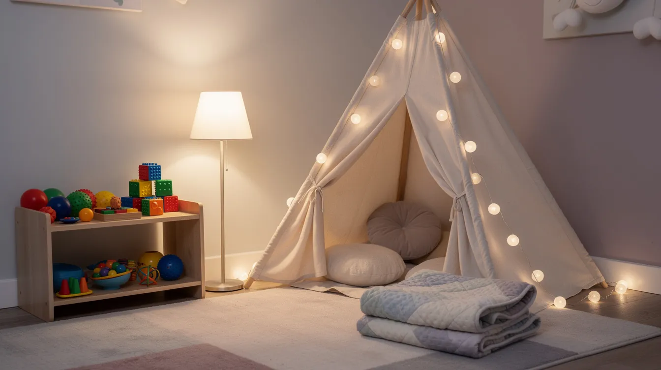 The image depicts a serene sensory corner in a child's room, featuring soft lighting, a cozy small tent, a weighted blanket, and a collection of fidget toys arranged on a low shelf. This calming space is designed to support children with sensory processing difficulties, providing a comforting environment for sensory input and relaxation.