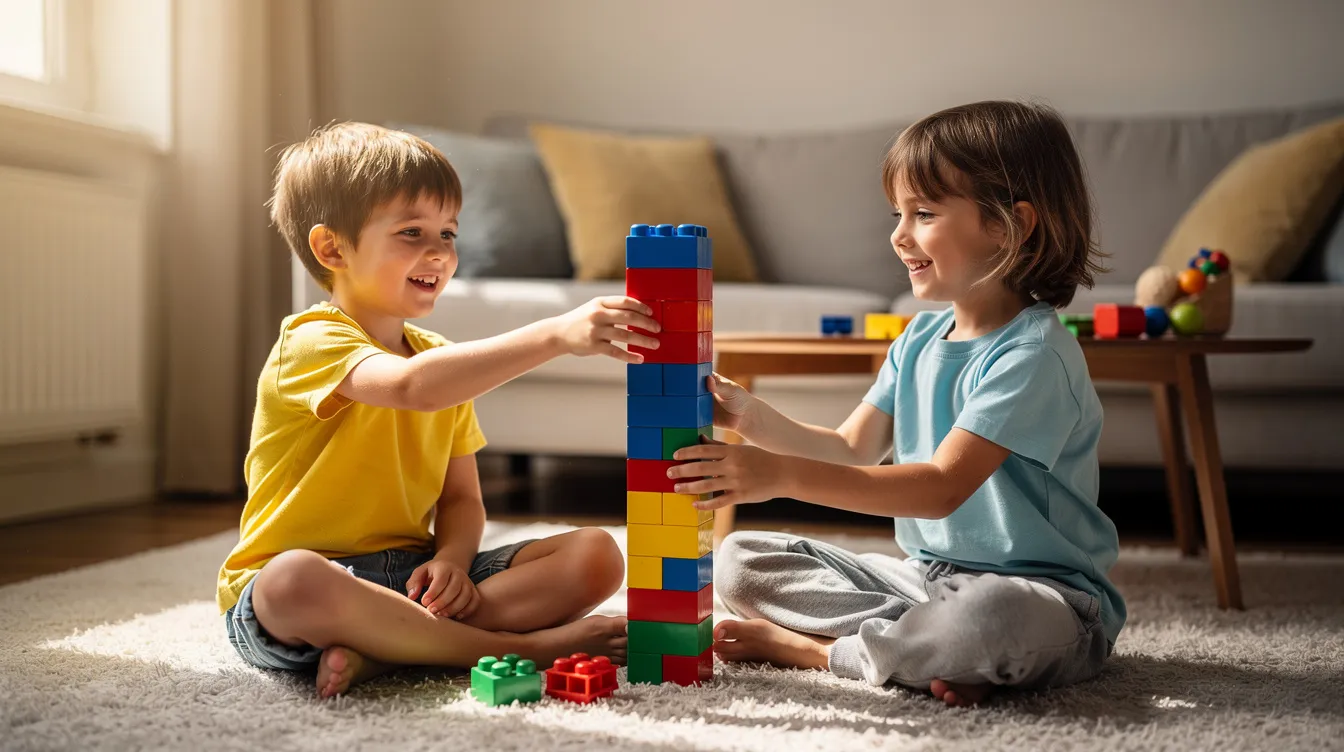 Two young children are happily sitting on a living room rug, building a colorful block tower together, showcasing the joy of positive sibling interactions and strengthening their sibling bond through play. Their smiles reflect the benefits of spending time together, which can help improve sibling relationships and create a strong foundation for their future connection.