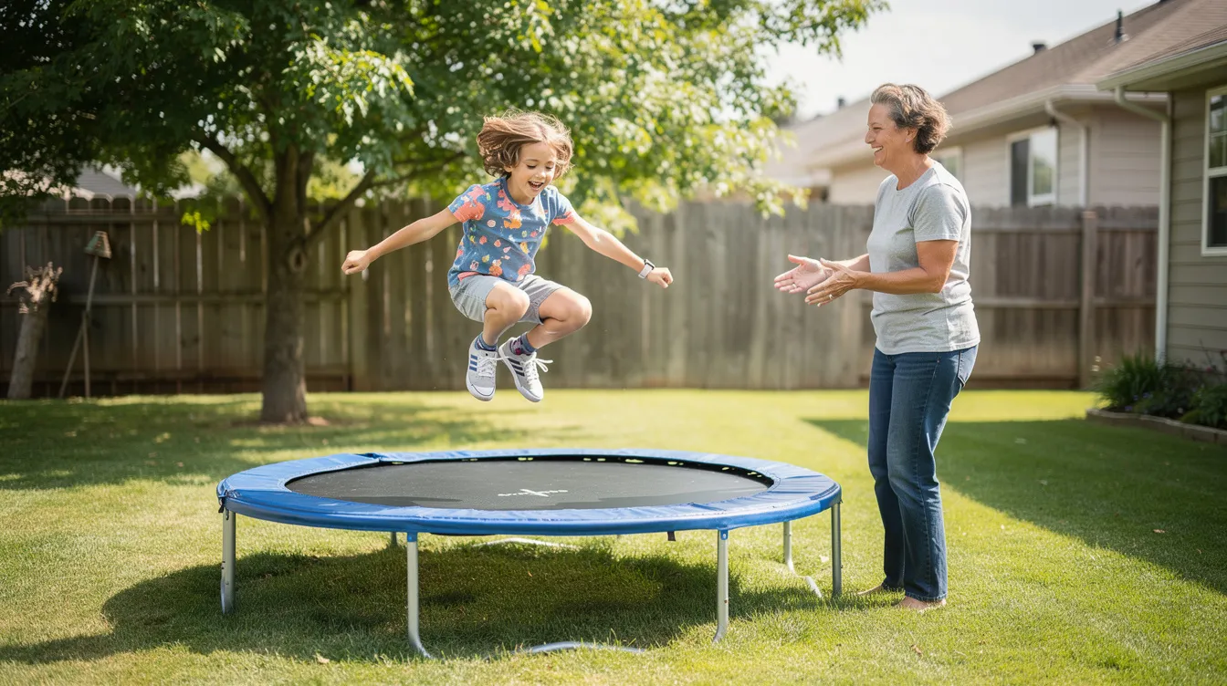 A child joyfully jumps on a small backyard trampoline while a parent watches nearby, creating a playful environment that encourages sensory experiences and gross motor skills development. This activity can be beneficial for children with sensory processing difficulties, as it provides engaging sensory input and promotes healthy physical activity.
