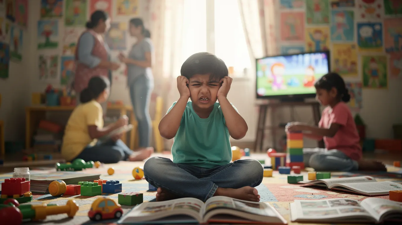 An Indian child sits on the floor of a vibrant room, covering their ears with their hands, likely experiencing sensory overload, a common challenge for those with sensory processing disorder (SPD). This image highlights the difficulties children face as they navigate overwhelming sensory stimuli in their everyday lives.