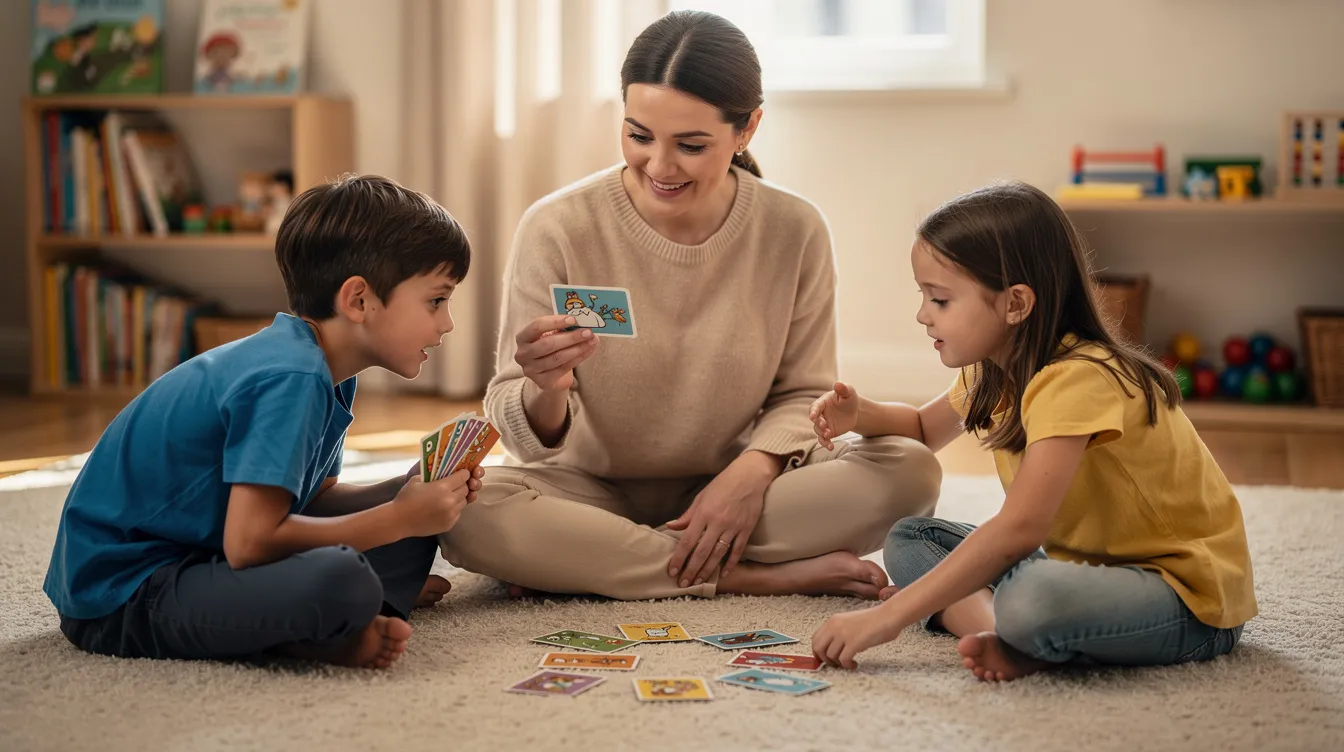 A therapist sits on the floor with two children, demonstrating a cooperative card game that encourages positive sibling interactions. This engaging activity helps strengthen sibling bonds and promotes a positive balance in their relationship through fun and shared experiences.