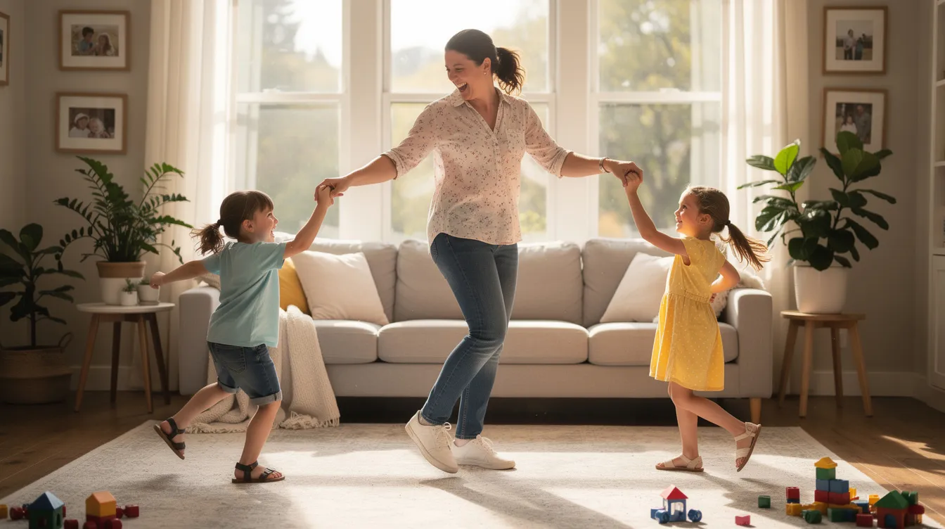 A parent and two children are joyfully dancing together in a bright living room, surrounded by laughter, showcasing the positive sibling relationships and strong sibling bonds that can be fostered through fun family activities. This scene highlights the importance of encouraging siblings to engage in happy play, strengthening their connections and creating lasting memories.